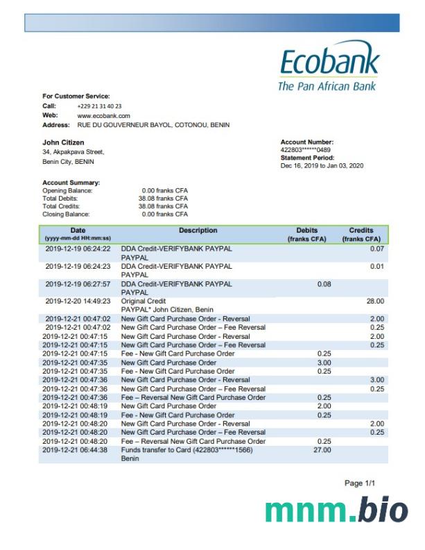 Wyciąg bankowy Benin Ecobank łatwy do wypełnienia szablon .xls i .format pliku pdf